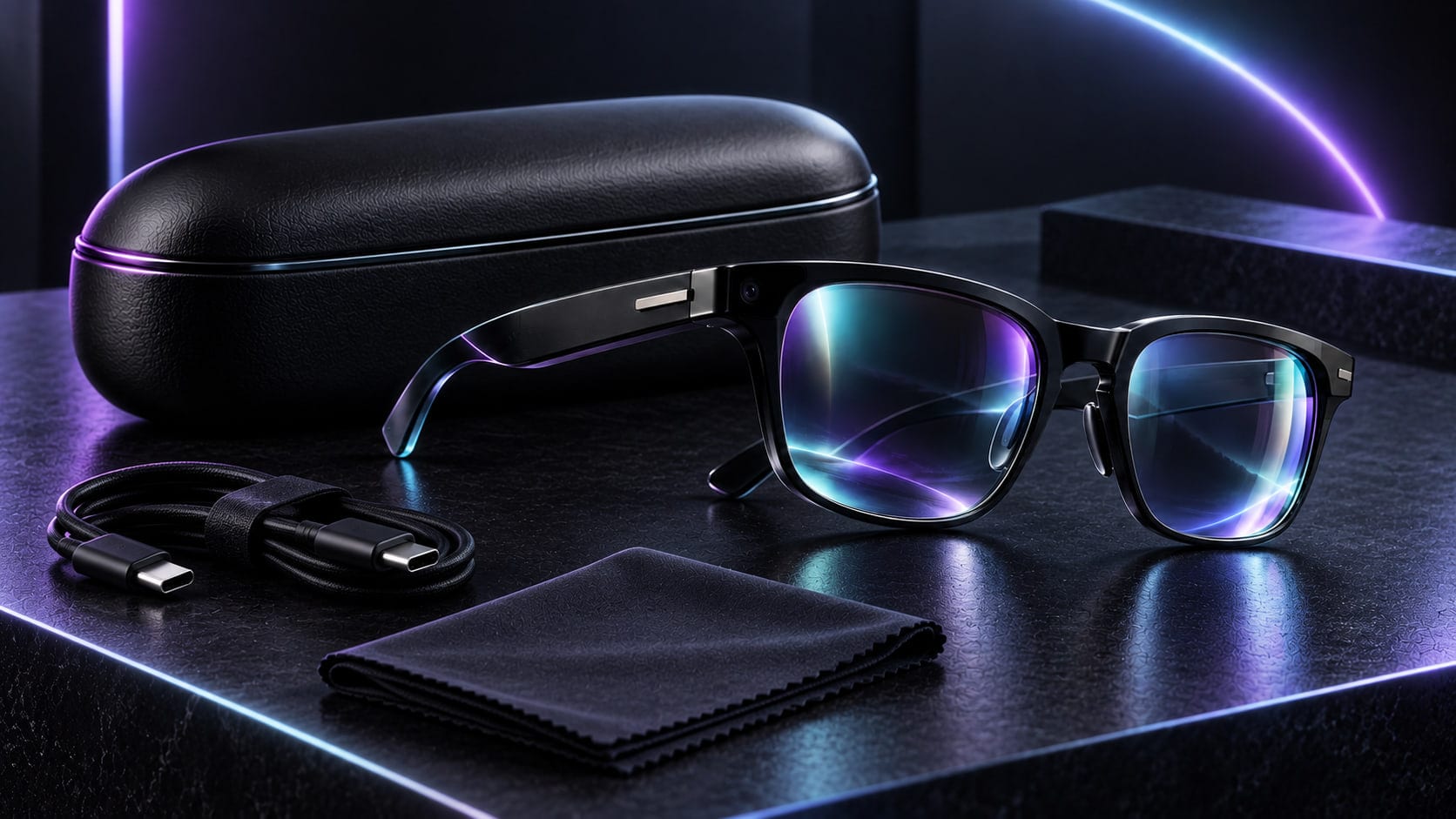 RM Lens eyewear with its protective case, USB-C cable and cleaning cloth