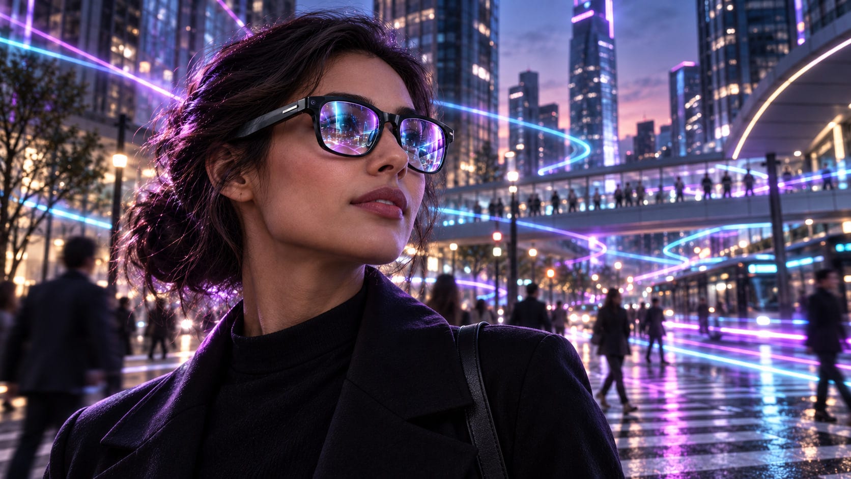 City: ribbons of light following movement through a plaza at dusk