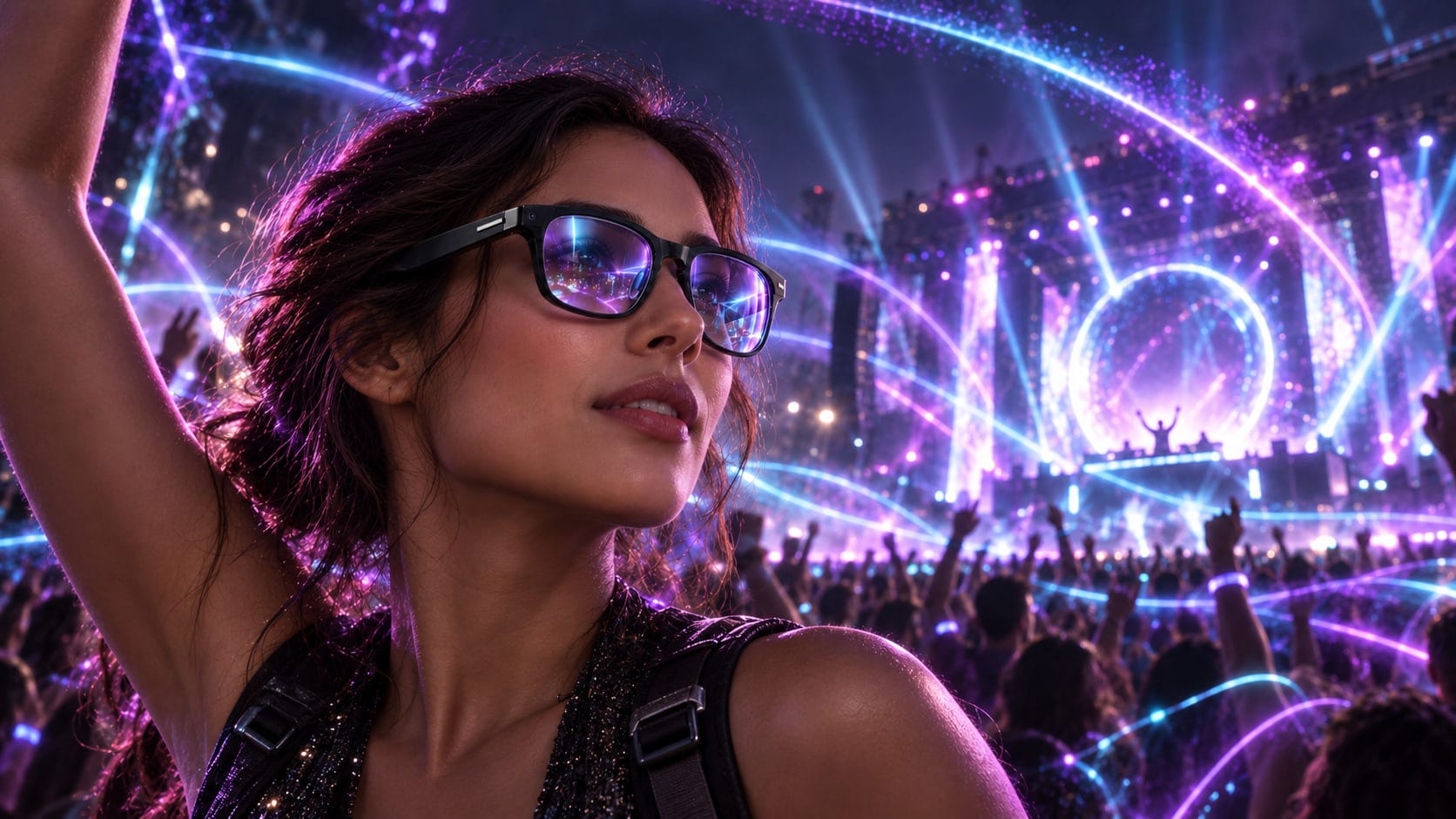 Music: a festival crowd as light traces the music across the stage