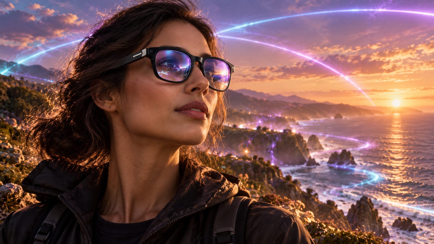 Ocean: a coastline at sunset with slow arcs of light moving over the water, seen through RM Lens eyewear